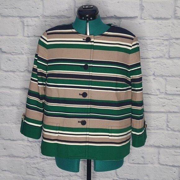 TALBOTS Womens cotton Multi Striped button front blazer career jacket Sz 10